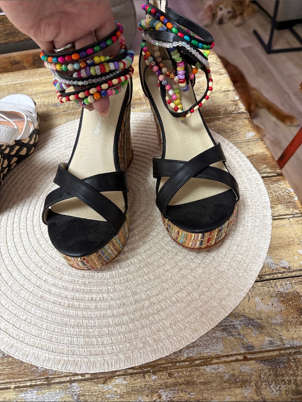 Getmorebeauty NWOT Black Platform Wedge Sandals with Colorful Cork-Inspired Sole